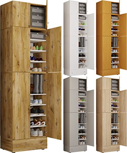 VCM Holz-Schuhschrank | Maße: H. 240 x B. 70 x T. 39 cm | Allzweckschrank | 9 Fächer | 4 Drehtüren | Aufsatz mit 2 Türen | extra Schublade – Lona Buche