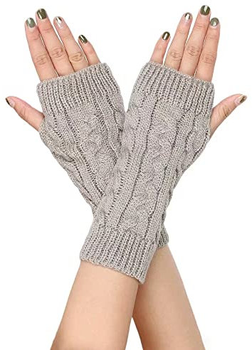 FGFD&OU Fingerlose Handschuhe für Damen Gestrickte Halb Fingerhandschuhe Kurzer Strickhandschuhe Fäustlinge Handwärmer Handgelenkwärmer Armstulpen Handstulpen Pulswärmer (1Paar-Hellgrau)