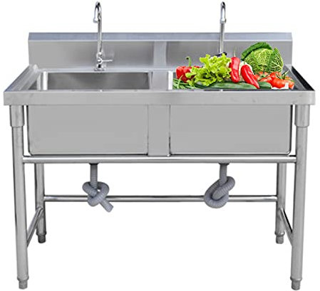 LBONG Fregadero de cocina de acero inoxidable comercial Dos Senos Fregadero Industriales Independiente para Cocina,Restaurante,Bar,Camping (150x 70x 80cm/59”x27.5”x31.4”)