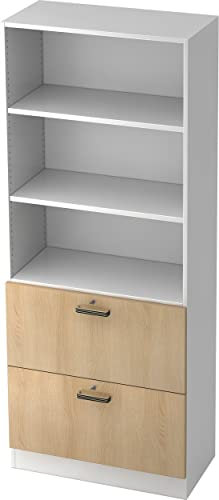 bümö Office Aktenschrank mit Hängeregister-Schubladen abschließbar, Büroschrank Holz, 80cm breit in Weiß/Eiche - Hängeregistratur für Hängeordner, Büro Schrank mit Relinggriffen
