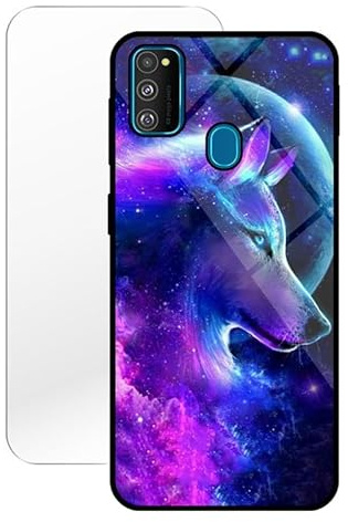 KARTXITAI Hülle Kompatibel mit Samsung Galaxy M21/M30s,Stoßfest Hybrid Schutzhülle [TPU Silikon Bumper+Glas Rückseite] mit Mond Wolf Wolke Motiv Handyhülle Cover+Glas Displayschutz