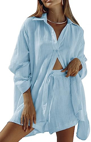 Sovoyontee Damen 2-Teiliges Langarm Loungewear Shorts Set Lounge Sweatsuit Lässiger Trainingsanzug Pyjama Himmelblau S