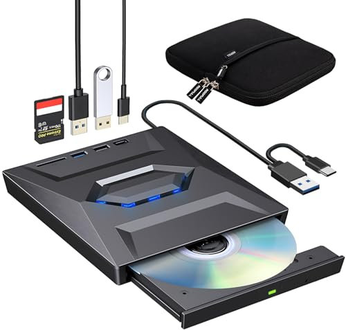 ROOFULL Unità CD DVD esterna con porte USB 3.0 di tipo C + slot per schede SD + custodia da trasporto per PC portatile, lettore CD DVD +/-RW, masterizzatore, masterizzatore, lettore ROM per Windows