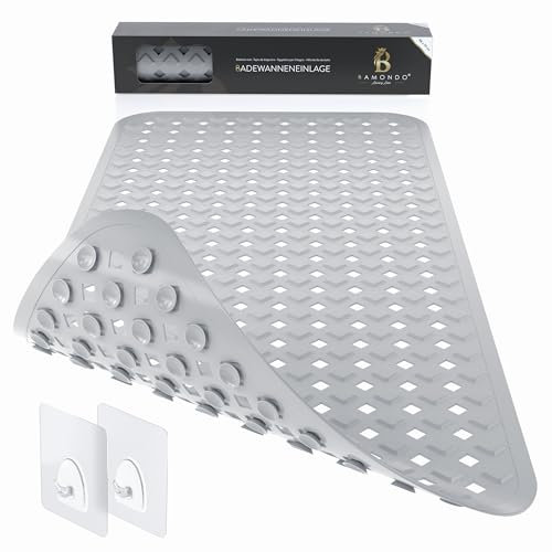 BAMONDO Badewannenmatte rutschfest & hautsensitiv (grau) - 88x39 cm - maschinenwaschbar | schimmelfrei | BPA frei - Antirutschmatte für Badewanne mit Saugnäpfe