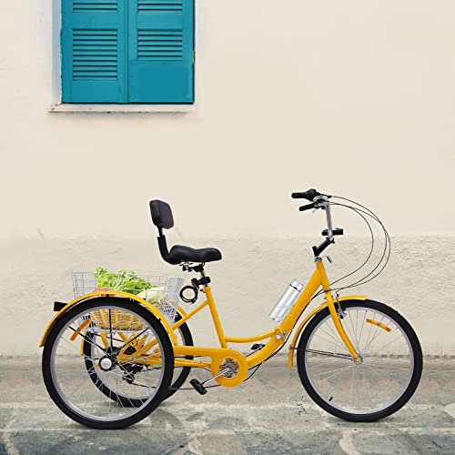 Shiyinge 24 7 Gang 3 Räder Dreirad Erwachsene Fahrrad City Bike Mit Led Lampe GemüSekorb Und Becherhalter Getriebe Tricycle FahrräDer Klappbar Einkaufen Korb Klapprad Adult Faltrad Faltbares (Gelb)