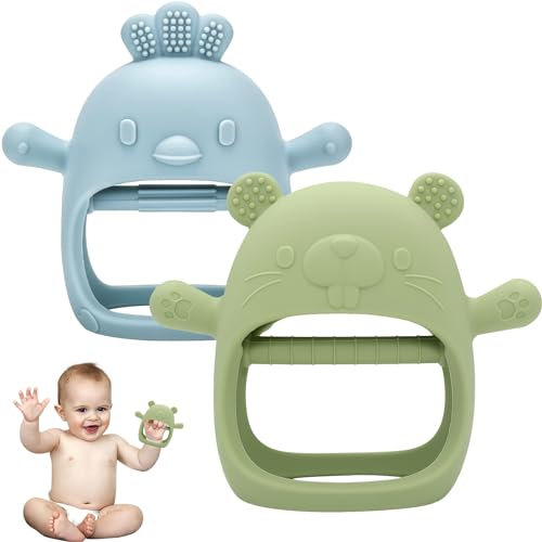 Anneau Dentition Bebe, 2 Pcs Gant Dentition Bebe, Mitaine De Dentition pour Bébé, Jouet Dentition Bébé Refrigerant, Tetine Grignoteuse Dentition pour Bebe Garcon Fille (Bleu/Vert)