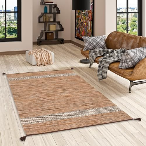 Pergamon Natur Teppich Bauwolle Kelim Toskana Beige Braun | Naturteppich Handgewebt Pflegeleicht für Küche Flur Wohnzimmer