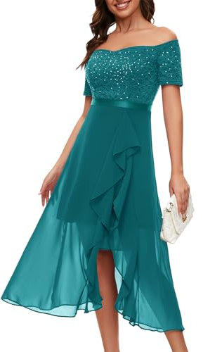 Berylove Kleid Damen Elegant Frühjahrskleider Abendkleider Elegant Für Hochzeit Cocktailkleid Damen Glitzer Vokuhila Kleid Festliche Kleider BLP7085 PeacockGreen L