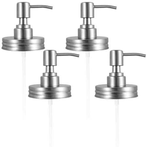 Mason Jar Soap Dispenser Lid with Pump Rustproof Stainless Steel Mason Jar Pump Lid Lotion Soap Dispenser Lids with 3.9 Inch Tube and Gasket Replacement Kit for Regular Mouth Bottle Mason Jar(silver)