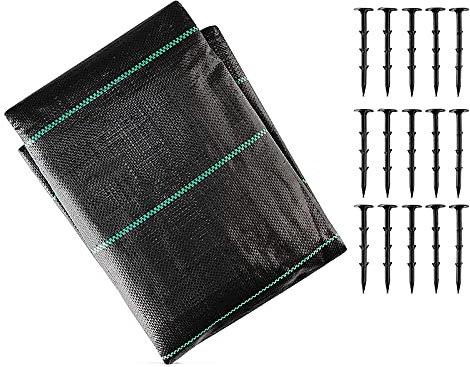 Acfthepiey Unkrautmembran, 2 m x 5 m Unkrautvlies, Bodendecker-Membran, Landschaftsbau, mit 50 Befestigungsklammern für den Landschaftsbau