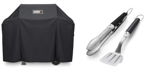 Weber 7183 Premium Hülle für Spirit/Spirit II 300 und 200 Serie, Schwarz & 6645 Grillbesteck Kompakt 2-teilig, Zange und Wender, Edelstahl