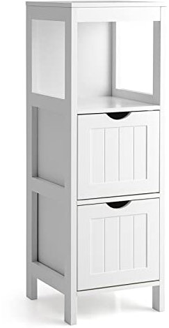 COSTWAY Bathroom Floor Cabinet, Freestanding Narrow Storage Cupboard with 2/4 Drawers, Wooden Side Cabinet Slim Bathroom Unit Organizer for Living Room Hallway (2 Drawers + 1 Shelf, White)