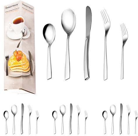 Innoteck Essentials 20pcs Cutlery Set - Silver - Stainless Steel - 4 X Dinner Forks, 4 X Dinner Spoons, 4 X Dinner Knives, 4 Cake Forks, and 4 Teaspoons - Tableware Set for 4 Person - Dishwasher Safe