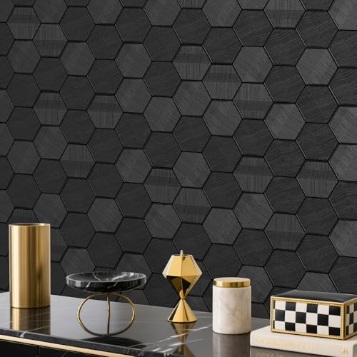 Simon&Siff Black Textured Wallpaper 3D Embossed Hexagon Wallpaper 17.3in x 19.7ft Non Woven Traditional Wallpaper for Bedroom Bathroom Textured Walls in The Bathroom (Non-Pasted)