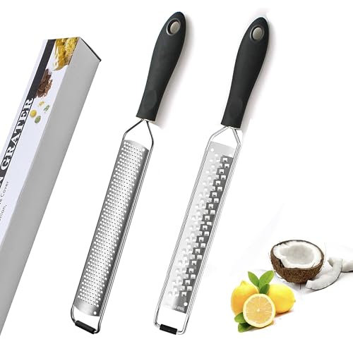 Shiadarix Zesteur, Râpe à Cuisine - Citron, Fromage, Parmesan, Ail, Gingembre, Chocolat - Poignée en Silicone et Lames en Acier Inoxydable avec Couvercle de Protection| Noir (2 Pièces Set)