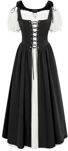 Women’s Lace up Short Sleeve Rockabilly Maxi Dress Renaissance Vintage Dresses for Summer Plus Size Irish Dress Black Two-Piece XXL