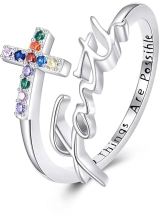 YAFEINI Kreuz Ring 925 Sterling Silber Glaube Offener Ring Inspirierend Religiöser Schmuck Geschenk für Damen Mädchen
