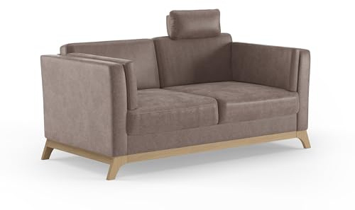 Cavadore 2,5er-Sofa Vida / 2,5-Sitzer Couch im trendigen Design mit massivem Holzrahmen in Buche, Kopfstütze mit Kuschelkissen / 183 x 84 x 93 / Mikrofaser, Hellbraun