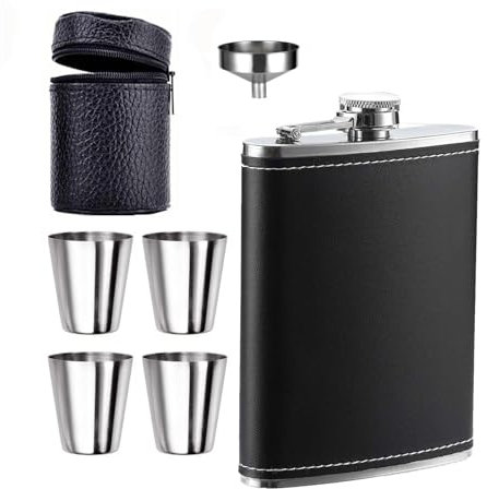 304 Edelstahl Flachmann Flachmann Set mit 4 Becher und Trichter 8oz Flachmann und Trichter Schwarz Leder Trichter Flachmann in Geschenkbox für Wandern Hochzeit Camping Klettern Picknick