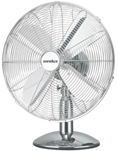 Senelux 12 Inch Chrome Desk Fan, 3 Speed, Quiet Operation, Oscillating, Strong Resistant Base, Desktop/Bedside Fan, Retro Chrome Design, Ideal For Home & Office
