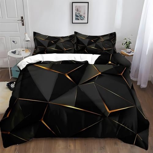 XCQHZYQ Bettwäsche 180x200 cm Geometrische Goldene Linien Schwarz Bettwäsche Set für Doppelbett mit Reißverschluss und 2 Kissenbezug 80x80 cm, Bettbezug Set 3 Teilig Bettdeckenbezug