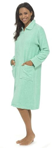 Thingimijigs Ladies 100% Cotton Terry Towelling Zip Up Bath Robe Dressing Gown House Coat - Collared - Mint UK 18-20