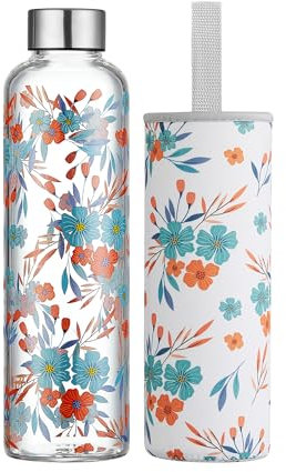 Autsel Glass Water Bottle 500ml Artistic Glass Drinking Bottle with Lid Leak Proof Borosilicate Water Bottle with Protection Sleeve, Fine Gifts for Girls and Women