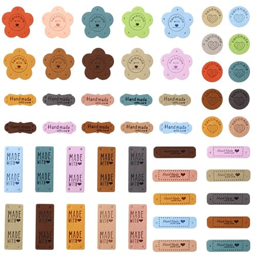 KXVXXV 50 Stück Handmade Label zum Annähen Bunt, Label Nähen Handmade Etiketten PU-Leder Handgefertigt Geprägtes für DIY Stricken Jeans Taschen Hut Häkeln