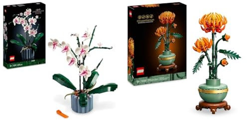 LEGO Lote Flores Elegantes: Orquídeas (10311) y Crisantemo (10368) Flores Artificiales, Maquetas para Adultos, Idea para Regalar en San Valentín a Mujeres y Hombres, Decoración para el Hogar