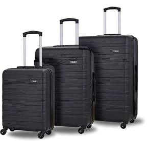 Rock Seattle Set of 3 Hard Shell Suitcases in Black - Refined Lines, Angular Patterns & Lightweight Design - Telescopic Handle & Impact-Resistant Material - Small, Medium & Large Included