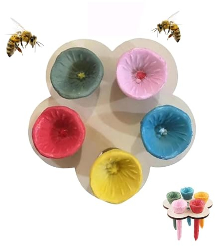 Shirene Bee Cups,5 PCS Bees Cups for Garden,Colourful Bee Watering Station with Wooden Tray,Insect Drinking Feeder for Bees & Butterflies for Thirsty Pollinators for Garden Decor