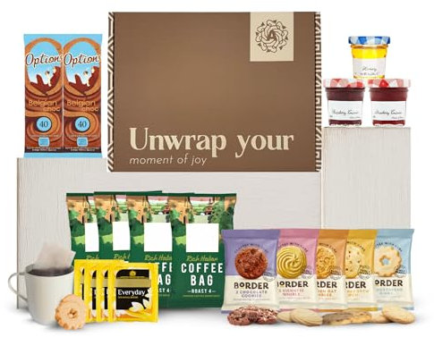 Afternoon Tea Hamper & Tea Gift Set – Tea and Coffee Hamper Gift with Teabags, Coffee Bags, Hot Chocolate, Mini Jams+Honey & Biscuits Food gifts for Women & Men, Letterbox Gifts for her