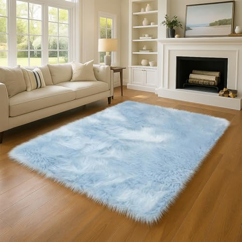 Wokuaile Hochflor Teppich Wohnzimmer Flauschig Fellteppich Shaggy Kunstfell Waschbar Weich Modern Teppich für Schlafzimmer Kinderzimmer Blau, 120 x 180 cm