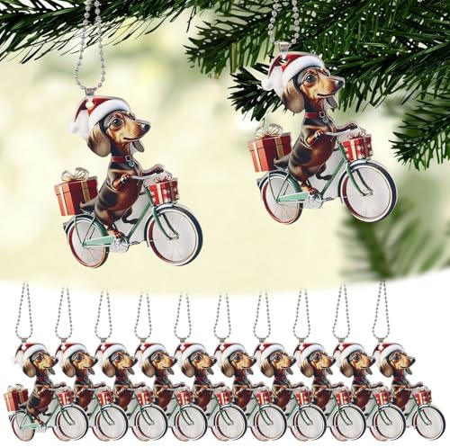 10 Stück Weihnachtsdackel Weihnachtsbaum Anhänger, Weihnachtsbaumschmuck Dackel Anhänger, Acrylmaterial, EIN Dackel auf Einem Fahrrad, für Autos, Rucksäcke, Zuhause, Geschenke, Schlüsselanhänger