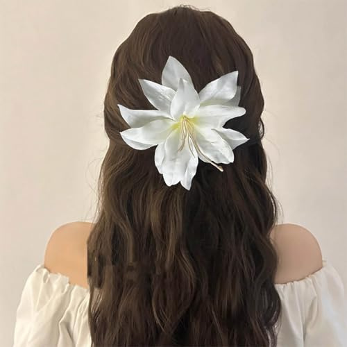 Cybche Large Lily Flower Hair Clip for Styling Sectioning White Fabric Flower Hairpin Tropical Hawaiian Floral No Crease Duckbilled Hair Barrette Beach Decorative Headdress Accessories for Women
