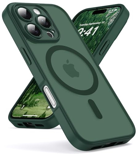 Oududianzi-Coque pour iPhone 16 Pro Max Compatible avec MagSafe Magnétique, Housse de Arrière Translucide Givrée PC, TPU Silicone Bumper Étui Protection Antichoc Militaire Anti-Empreintes-ForestGreen
