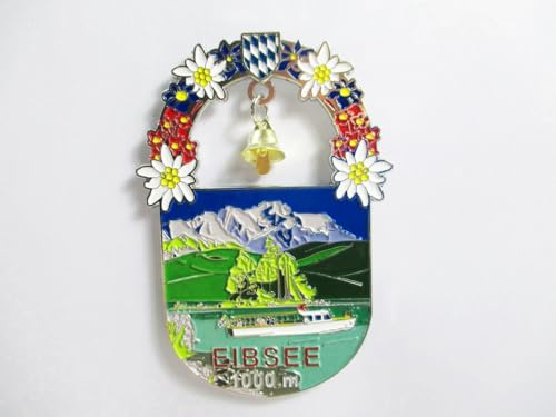 Eibsee Magnet Metall Souvenir Germany mit Glöckchen Zugspitze Edelweiss Schiff