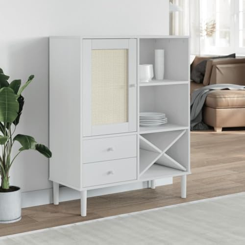 AJJHUUKI Highboard SENJA Rattan Optik weiß 90x40x112cm Massivholz Kiefer
