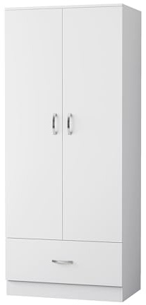 Nera 2 Door Wardrobe with Drawer 76cm Wide Bedroom Furniture with Hanging Rail and Storage Shelf Storage Cabinet (1 Drawer Matt White)
