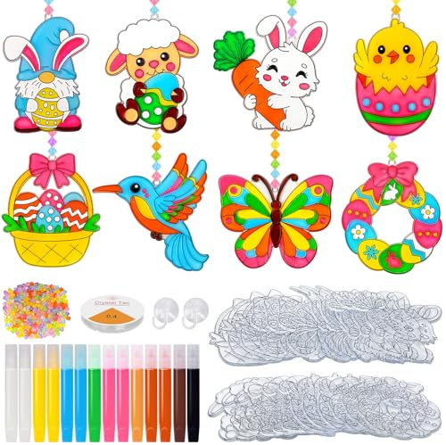 Basteln Frühling Kinder, 24 Stück Frühlingsdeko Bastelset zum Aufhängen, Kreative Ostereier Schmetterling Vögel Huhn zum Bemalen Set, DIY Sonnenfänger Fensterdeko,Oster Bastelsachen für Jungen Mädchen