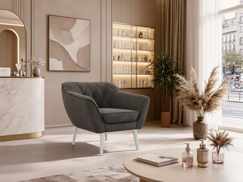 MKS MEBLE Sofa PIRS 1-Sitzer - Skandinavisches Design Couch, Gesteppte Polsterung, Wellenfederung, bequemes Polstersofa für Wohnzimmer - Weiße Beine, Dunkelgrau Velvet