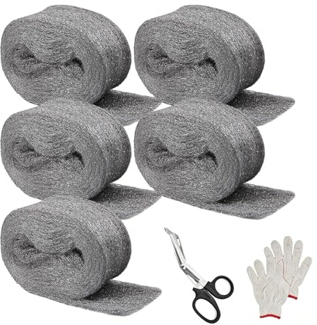 5pack Wire Wool, 18.5m Steel Wool Mice Blocker with Gloves And Scissors, Fine Wire Wools Hole Filler Wall for Rats-Rodent Control Kitchen Garage Attics Garden