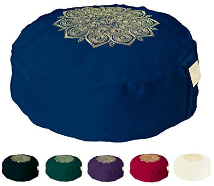 OM Vita - cojín de meditación de Yoga Zafu, con relleno de trigo sarraceno 100% orgánico y diseño a mano de Mándala sobrepuesto, Navy Stitched