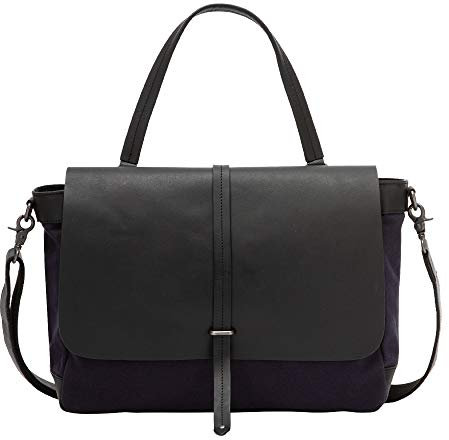 DUDU Grosse Damen Schulter-Tasche aus Leder und Canvas Stoff Bicolor Postman mit abnehmbarem Schulterriemen Dunkelblau
