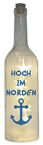 WB wohn trends LED-Flasche mit Motiv, Hoch im Norden/Anker, blau, 29cm, Flaschen-Licht Glitzer-Flasche Leuchtflasche Lampe mit Text Spruch