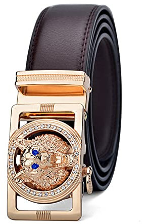 DFGGE Unisex Herren Gürtel Ledergürtel mit 3D Jagd Wolf Kopf Werwolf Automatischer Gürtelschnallen Business Anzug Gürtel,Gold,120cm(40~42)