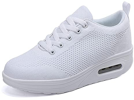 Laufschuhe Damen Plateau Turnschuhe Leicht Walkingschuhe Keilabsatz Freizeitschuhe Frauen Fitnessschuhe Atmungsaktiv Sportschuhe Bequeme Sneaker Weiß D 38EU