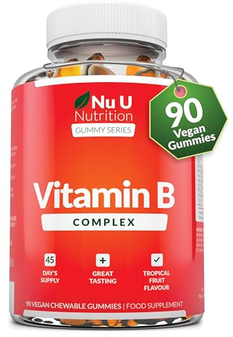 Vitamin B Complex Gummies for Adults & Kids (12+) - 90 Vegan Gummies - Tropical Fruit Flavour - High Strength Vitamin B2, B3, B5, B6, B8, B12, Folic Acid, Zinc & Iodine - Nu U Nutrition