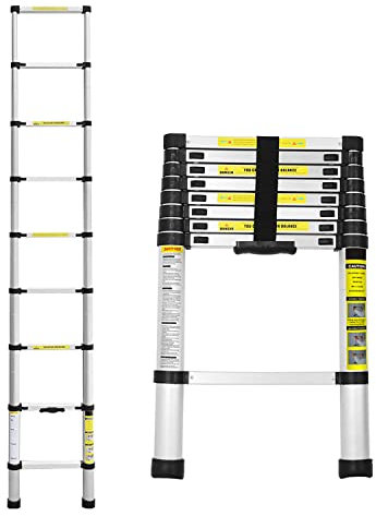 Lospitch 2.6m Aluminium Teleskopleiter klappbar Ausziehleiter Mehrzweckleiter mit federbelastetem Verriegelungsmechanismus, 150kg Belastbarkeit für Heim Werken, Dachbode, Garten