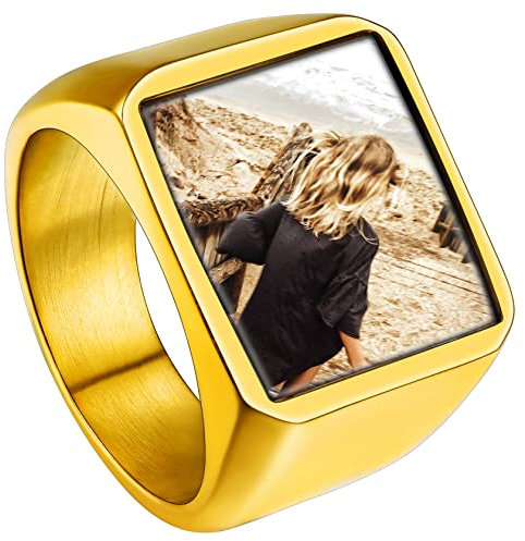 ChainsHouse Personalisierter Ring mit Bild Text Gravur Damen Herren Siegelring DIY Fingerring für Frauen Männer Glänzend Poliert Bandring für Weihnachten Valentinstag